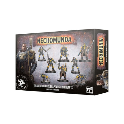 Necromunda: Palanite Enforcer Captains & Sergeants miniatures box, featuring eight painted figures