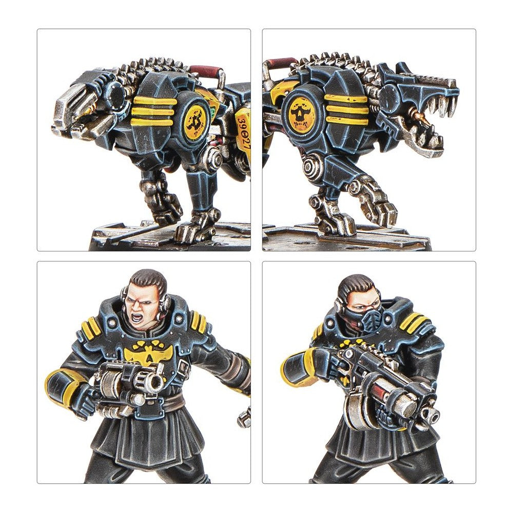 Four views of painted sci-fi miniatures: a black robotic dog and a black armored soldier figure holding a heavy weapon