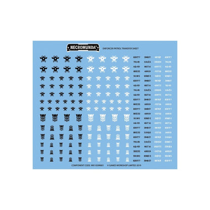 Necromunda Enforcer Patrol transfer sheet featuring black and white skull and stylized shield decals