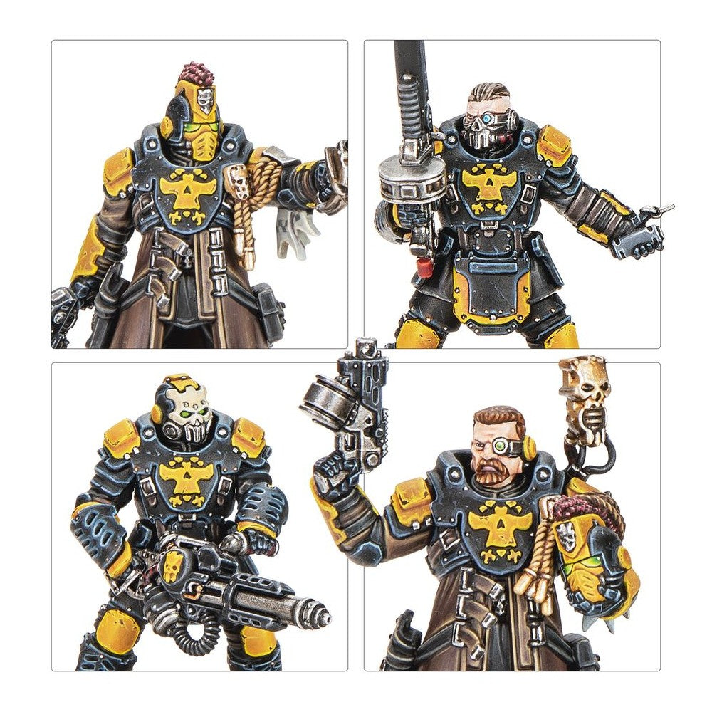 Four detailed sci-fi miniatures in black and yellow armor with skull symbols, holding various futuristic guns