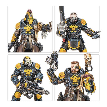 Four detailed sci-fi miniatures in black and yellow armor with skull symbols, holding various futuristic guns