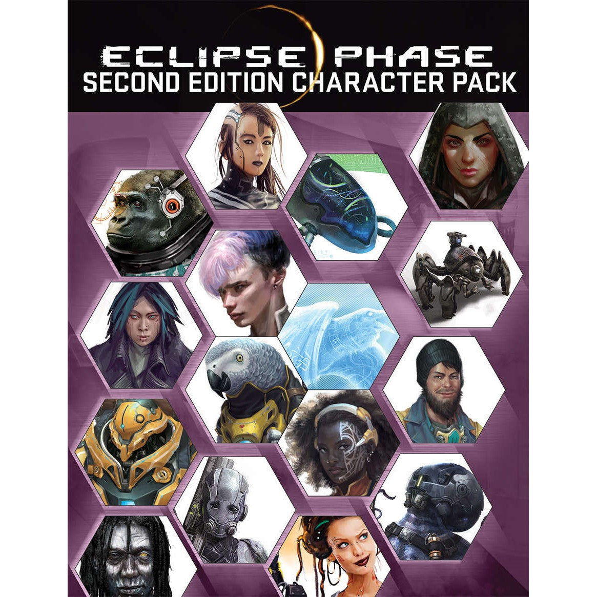 Eclipse Phase Second Edition Character Pack: A hexagonal grid of diverse sci-fi character illustrations including humans, aliens, and robots