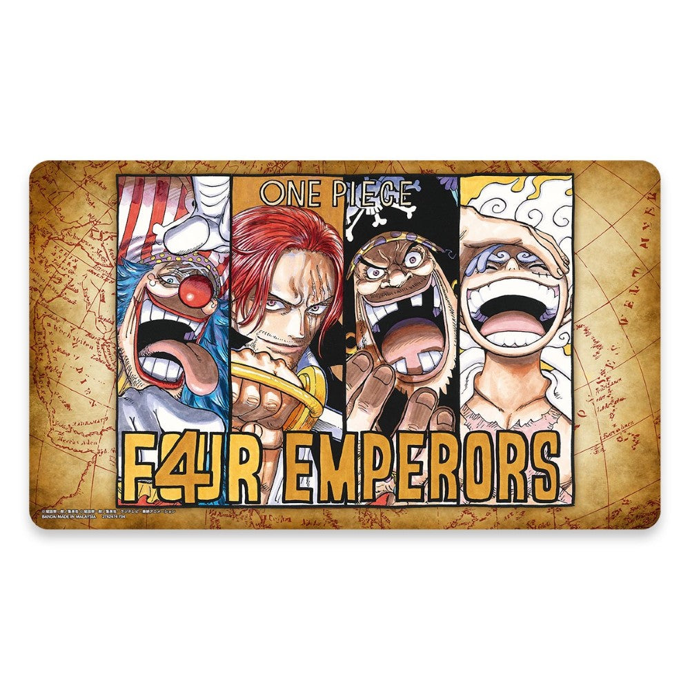 One Piece poster: 'F4UR EMPERORS' with expressive portraits of Buggy, Shanks, Blackbeard, and Luffy on a map background