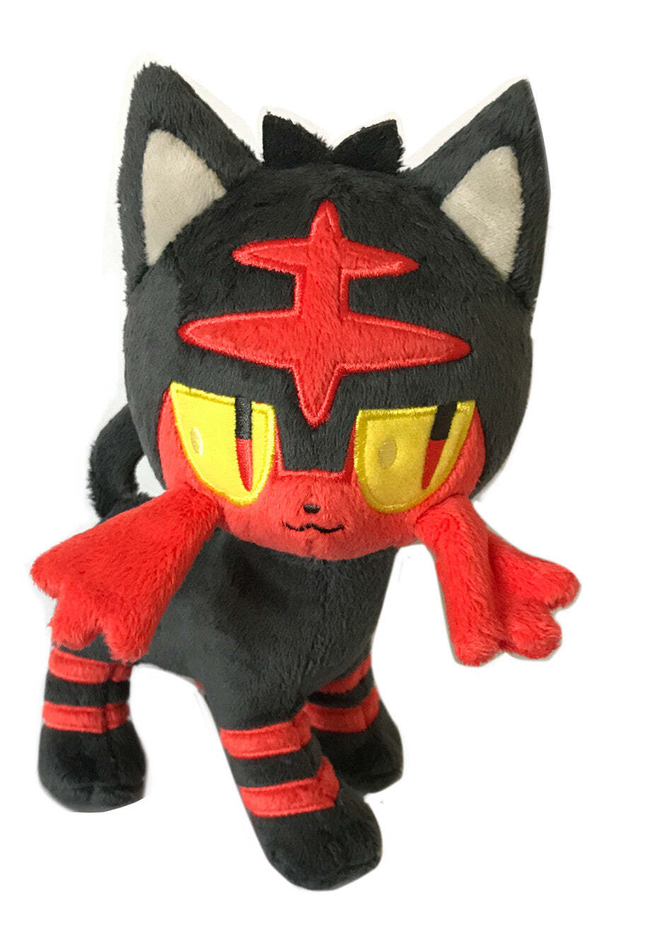 Black and red Litten PokÃ©mon plush toy with yellow eyes