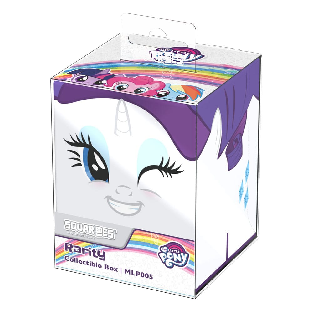 A white collectible box with a winking unicorn face on the front, other ponies on the top, and blue diamonds on the side, with a hanging tab