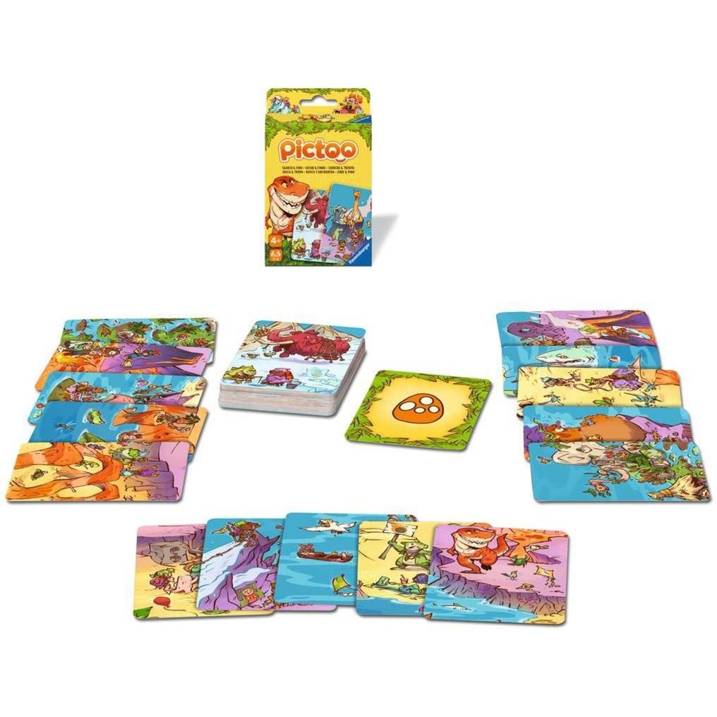 Pictoo card game box and spread of colourful dinosaur-themed game cards on a white background