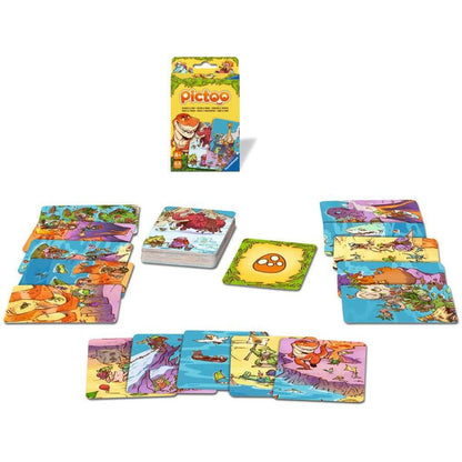 Pictoo card game box and spread of colourful dinosaur-themed game cards on a white background