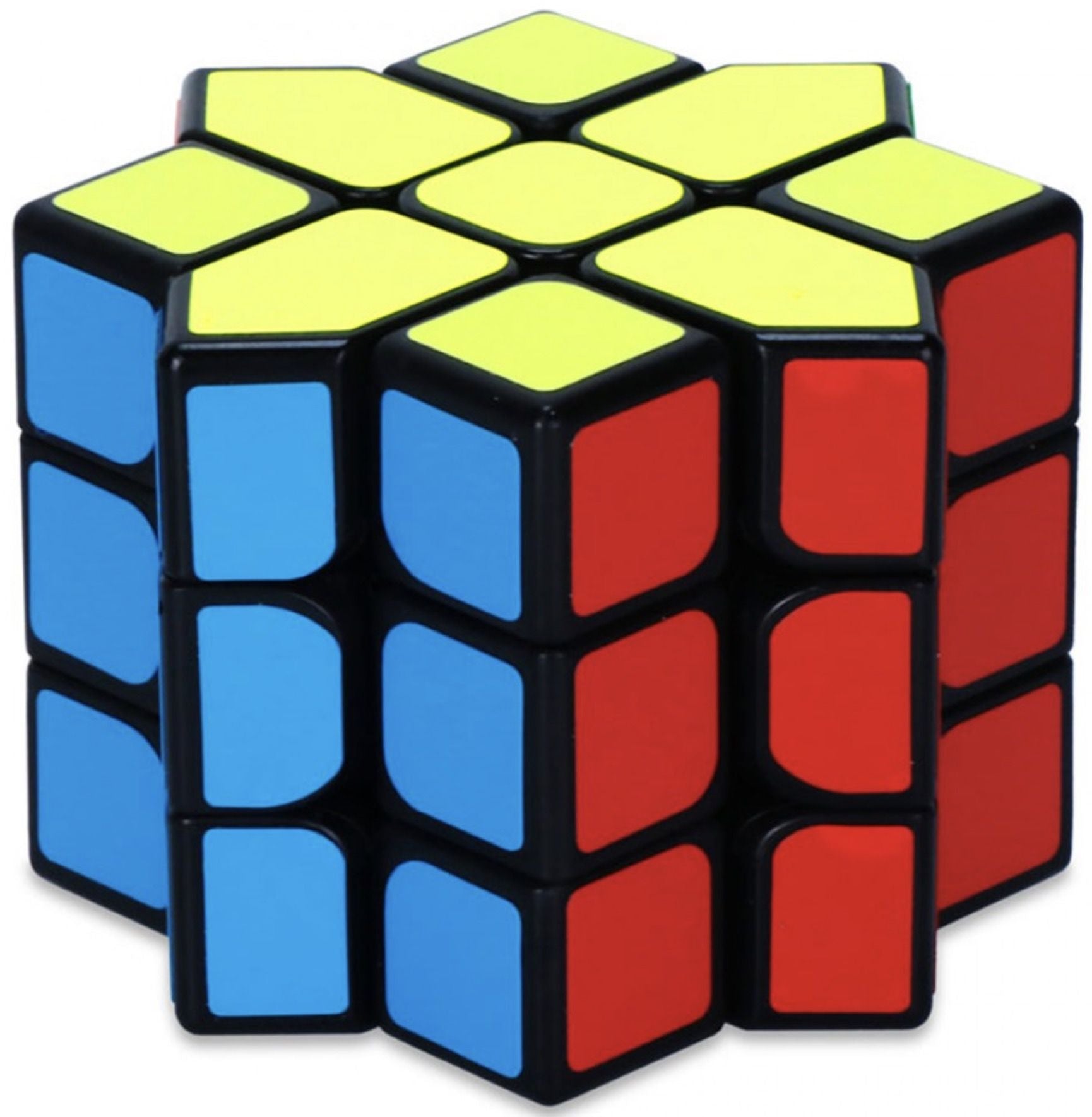 Diamond shape-mod puzzle cube with yellow, blue, and red pieces on a black frame, resembling a complicated 3x3 rotational toy