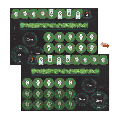 Green and black decal sheet of gaming tokens: circular symbols, shield markers, glowing green energy strips, and base size indicators (25mm-40mm)