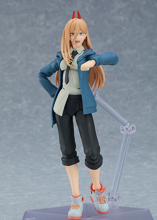 Power from Chainsaw Man figma action figure in blue coat white shirt and black pants on clear stand