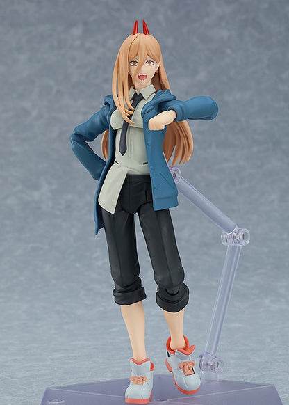 Power from Chainsaw Man figma action figure in blue coat white shirt and black pants on clear stand