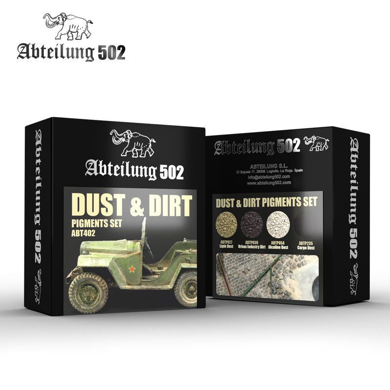 Two black Dust & Dirt Pigments Set boxes- one features a weathered military jeep -  the other shows pigment samples