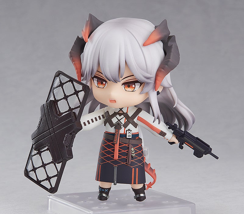 Close-up of Nendoroid Saria’s face with stern expression and detailed armor