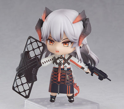 Close-up of Nendoroid Saria’s face with stern expression and detailed armor