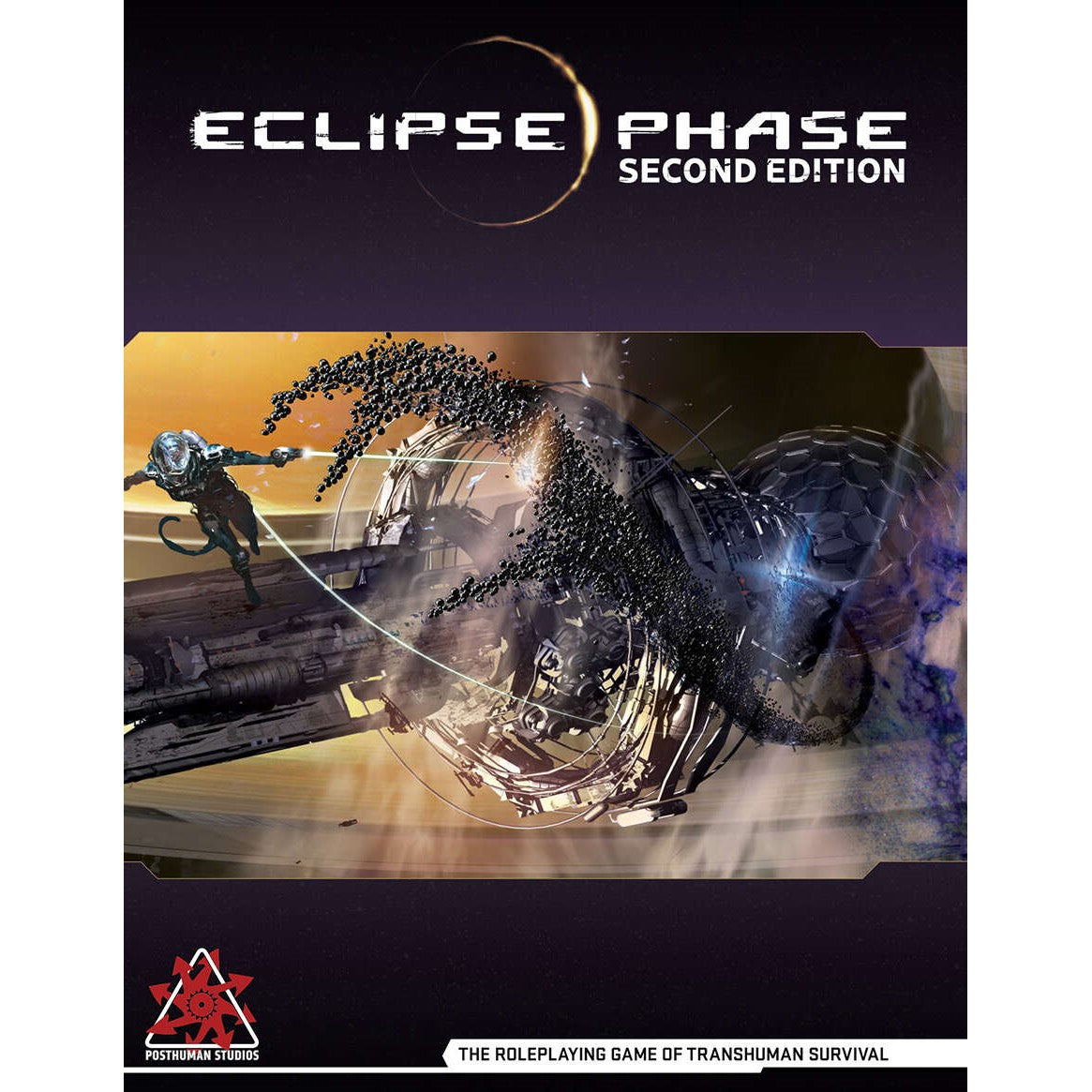 A futuristic warrior fires energy at a large orbital structure disintegrating into a swarm of dark spheres in space