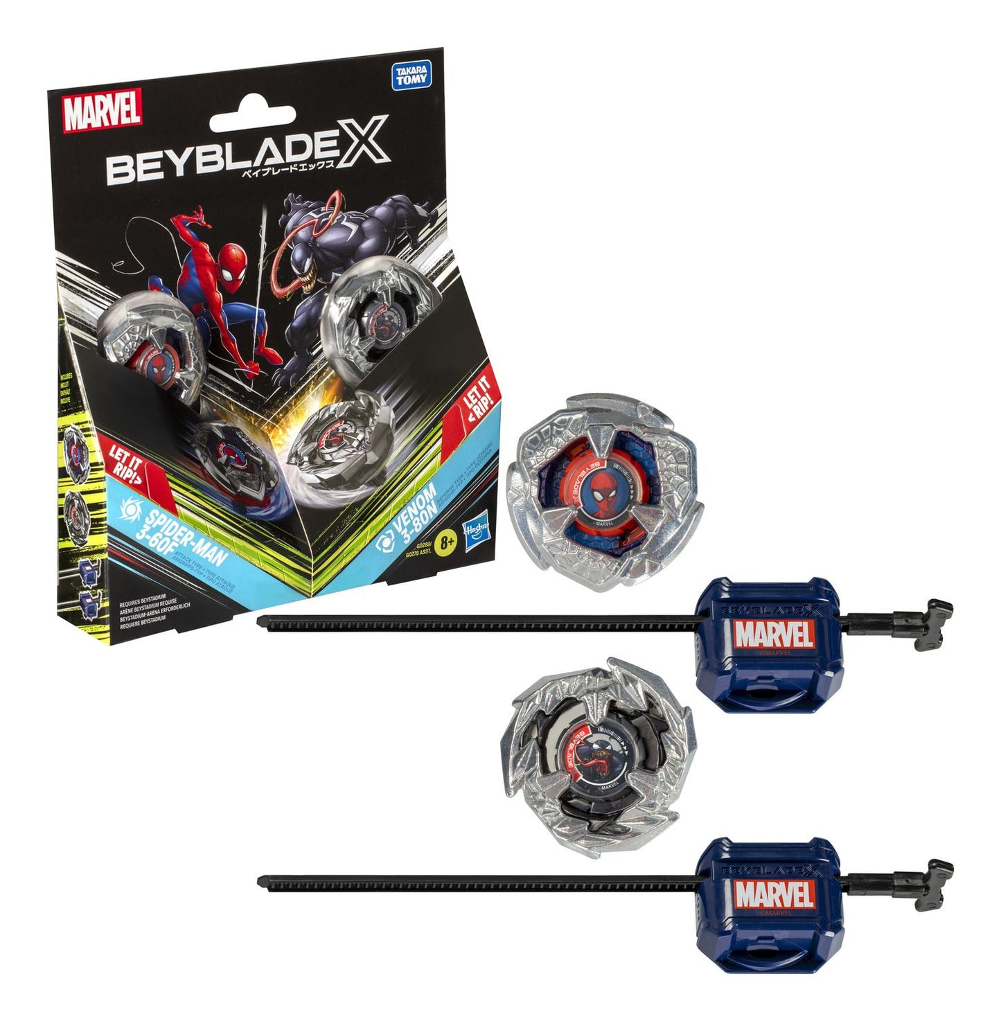 Marvel Beyblade X set: Spider-Man and Venom spinning tops and launchers, with the product packaging.