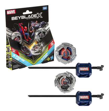 Marvel Beyblade X set: Spider-Man and Venom spinning tops and launchers, with the product packaging.