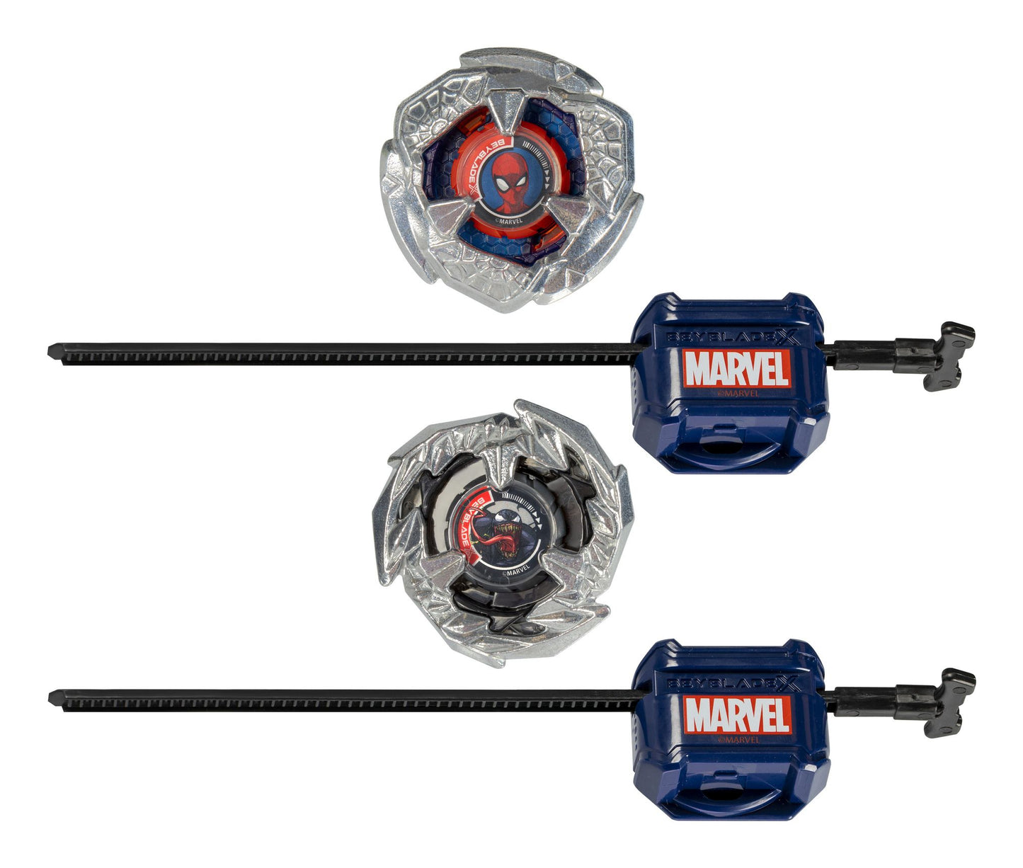 Two Beyblade X Marvel sets, featuring Spider-Man and Venom tops with their blue ripcord launchers.