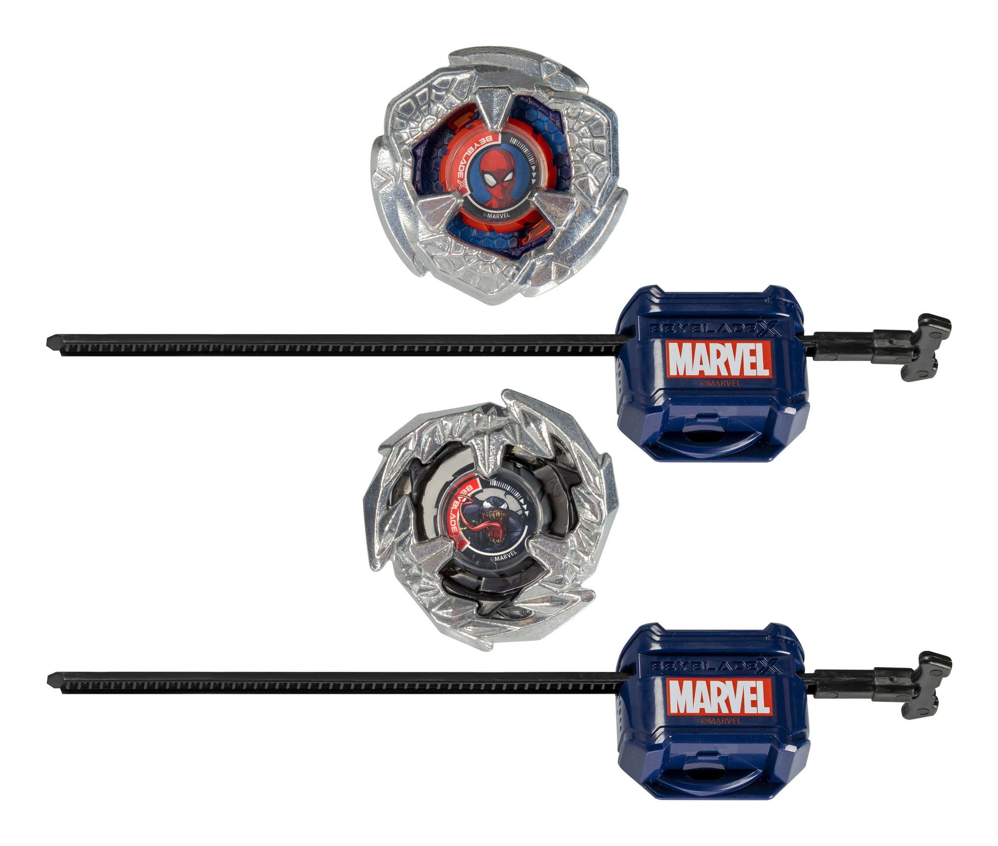 Two Beyblade X Marvel sets, featuring Spider-Man and Venom tops with their blue ripcord launchers.