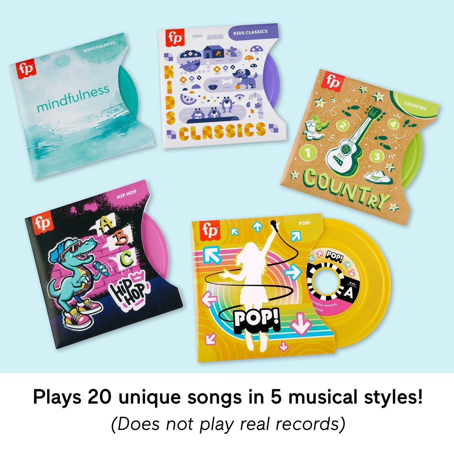 Five colorful toy records for kids, themed in different musical styles like Pop, Hip Hop, and Country. They play 20 songs