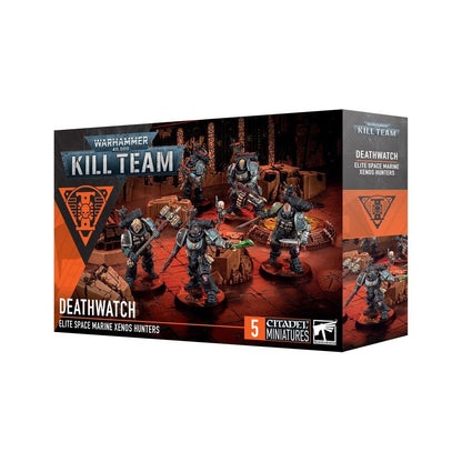 Warhammer 40K Kill Team Deathwatch box showing five Elite Space Marine Xenos Hunter miniatures in black power armor