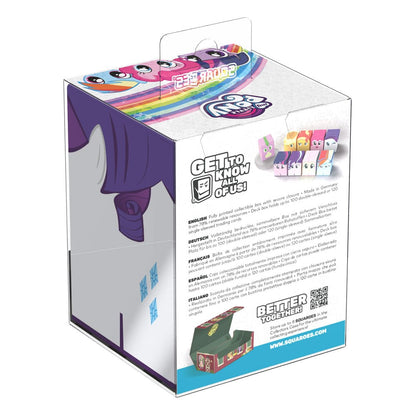 A white collectible Squaroe box featuring a rainbow and My Little Pony characters on top with product information in multiple languages on the front