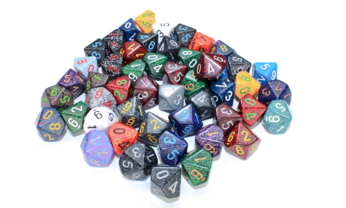 A scattered pile of colorful, speckled polyhedral dice, used for games, on a white background