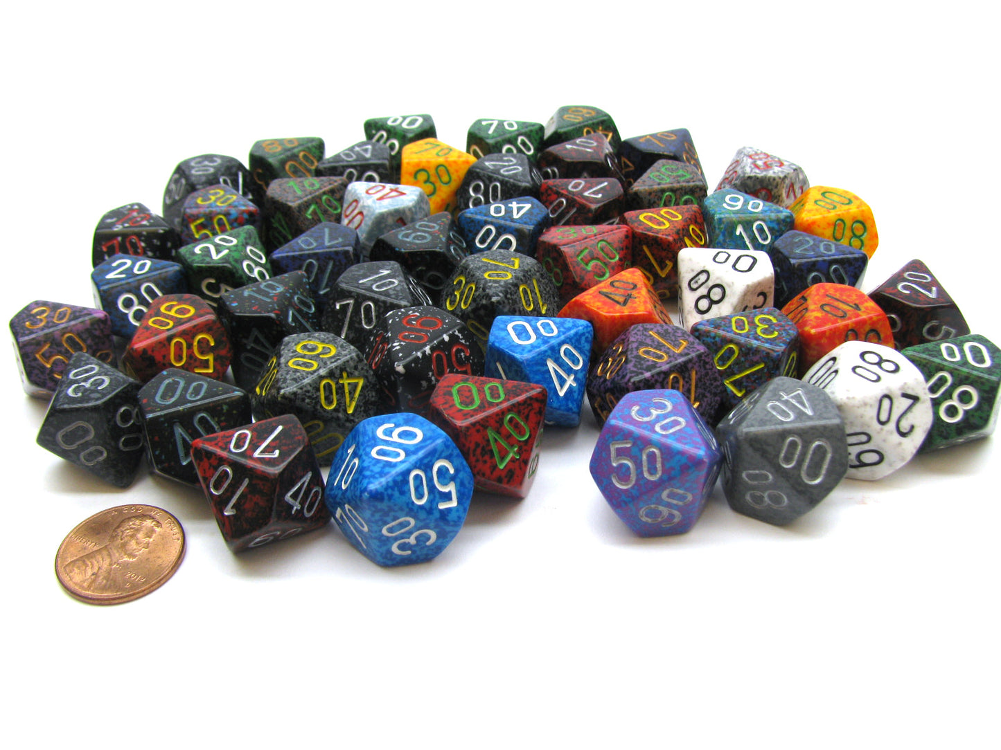 A heap of multi-colored D10 percentile dice. A penny lies beside them for scale.