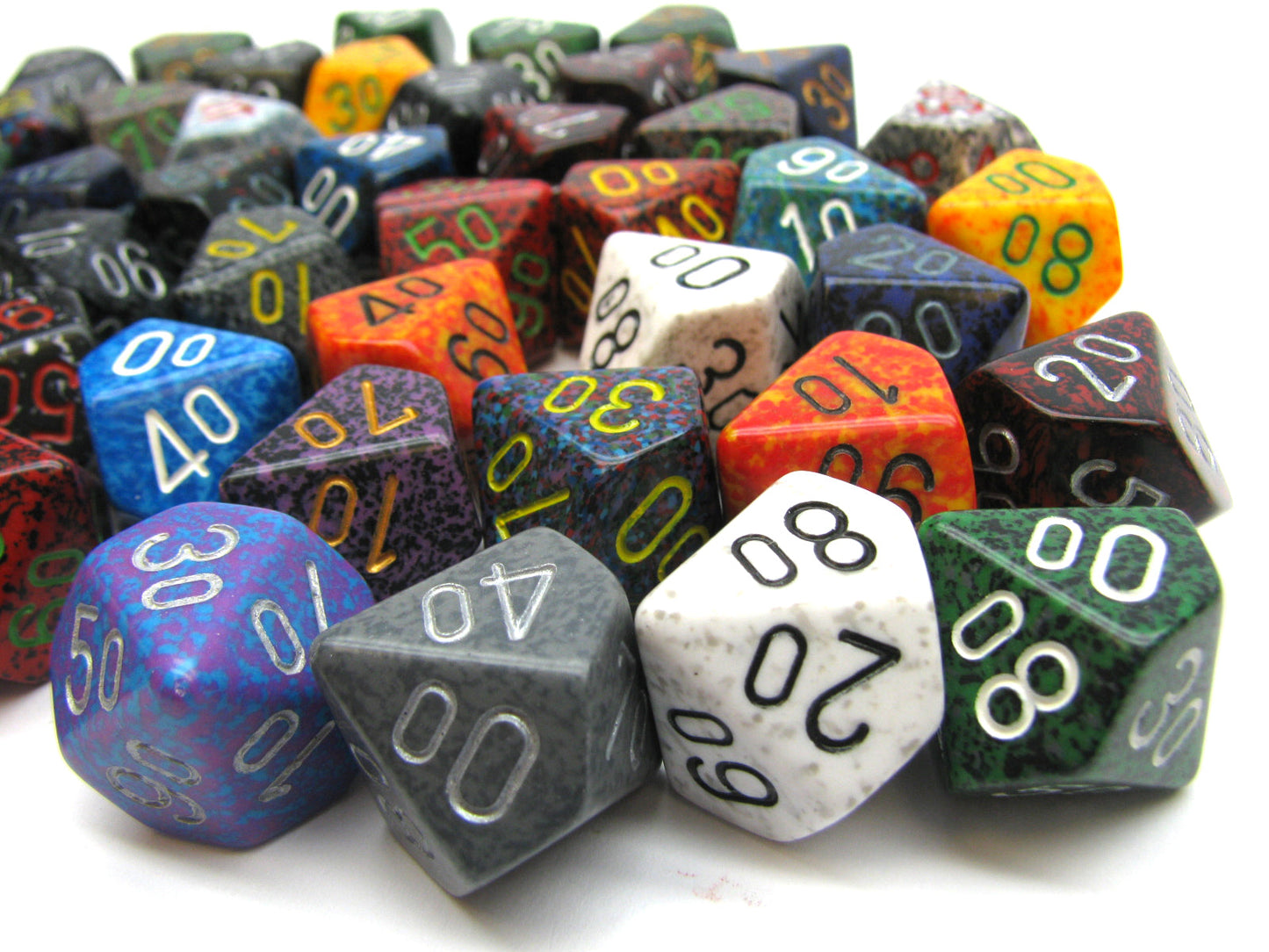 A pile of colorful, speckled percentile dice showing numbers like 00, 20, and 40, against a white background.