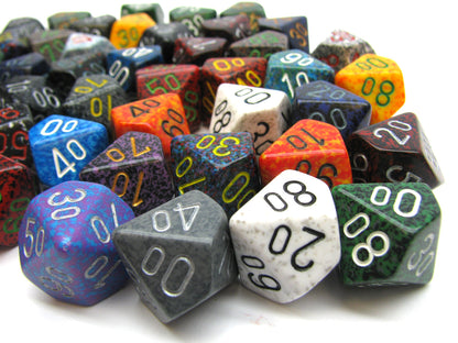 A pile of colorful, speckled percentile dice showing numbers like 00, 20, and 40, against a white background.