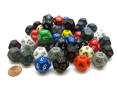 Assorted Chessex Opaque Polyhedral D12 Dice 50-piece set in various colors including red green blue black white and grey next to a penny for size reference