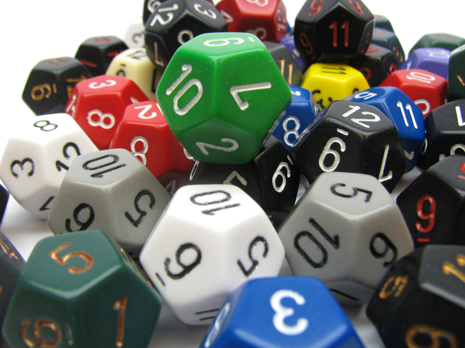 Assorted Chessex Opaque Polyhedral D12 dice set featuring various colors like green red black white and blue showcasing numbers 1 through 12