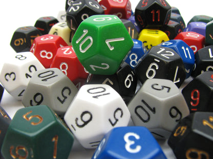 Assorted Chessex Opaque Polyhedral D12 dice set featuring various colors like green red black white and blue showcasing numbers 1 through 12