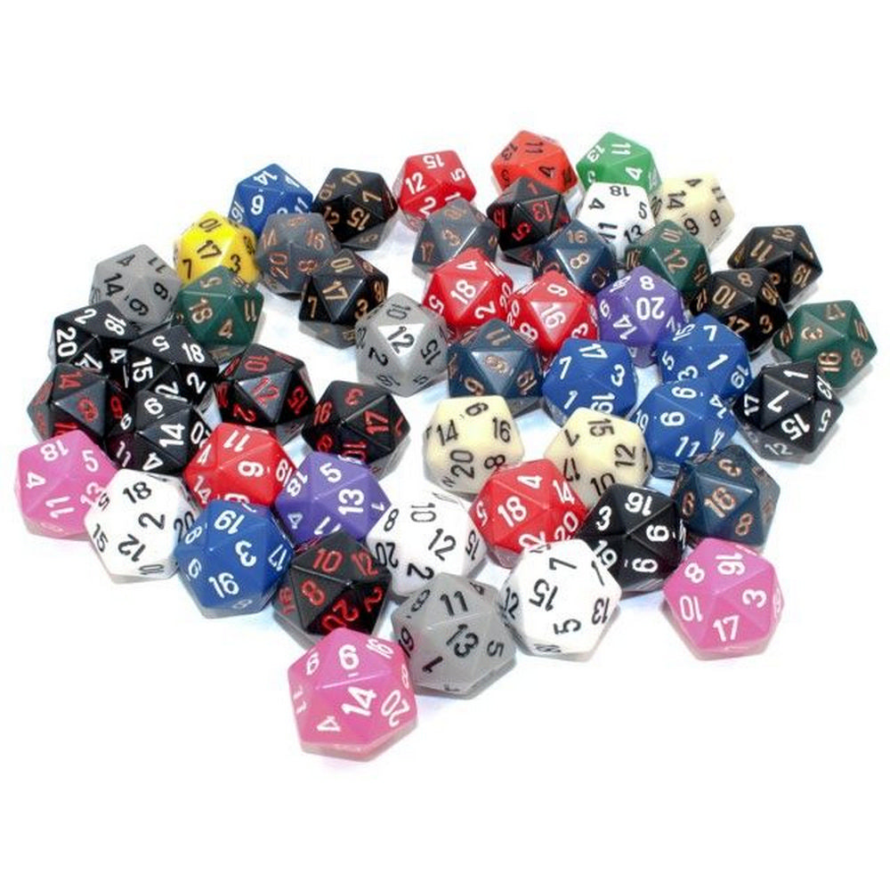 Colorful polyhedral dice for tabletop games are scattered on a white background