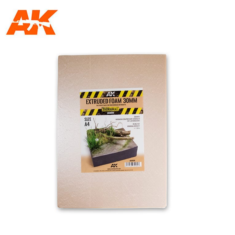 AK Interactive Diorama Extruded Foam 30mm building material for model making A4 size tan rectangular sheet with product label featuring a detailed miniature forest diorama sample