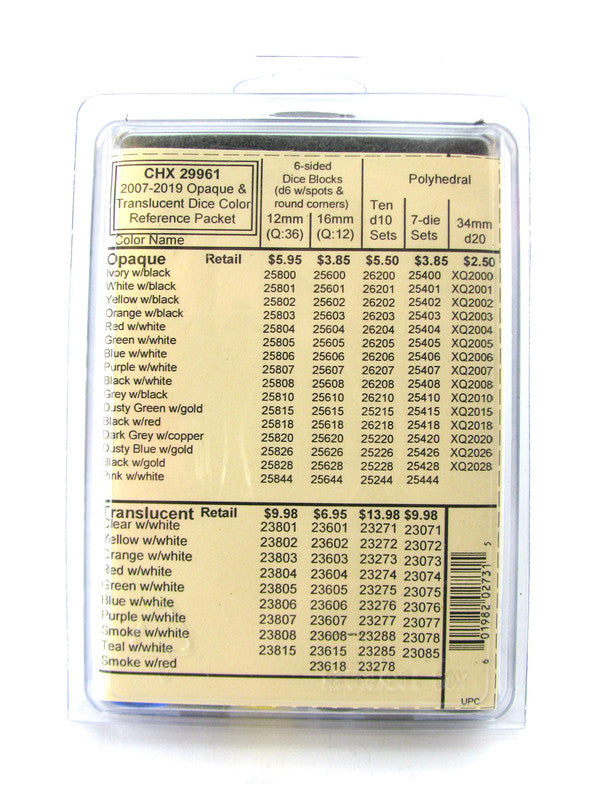 CHX 29961 Dice Color Reference Packet: a chart listing opaque and translucent dice types and prices