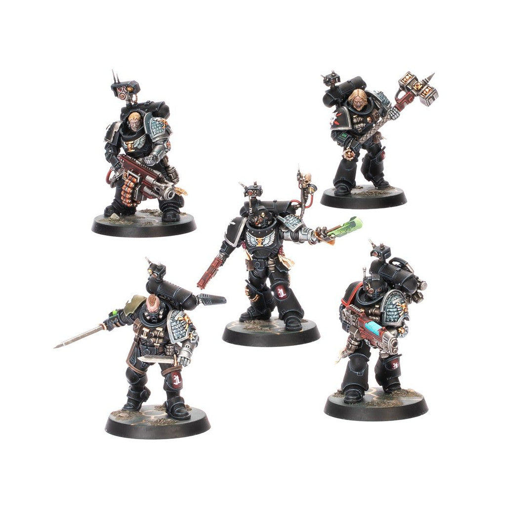 Five painted black Space Marine miniatures (Deathwatch kill team) with silver shoulder pads, armed with a hammer, bolters, and swords