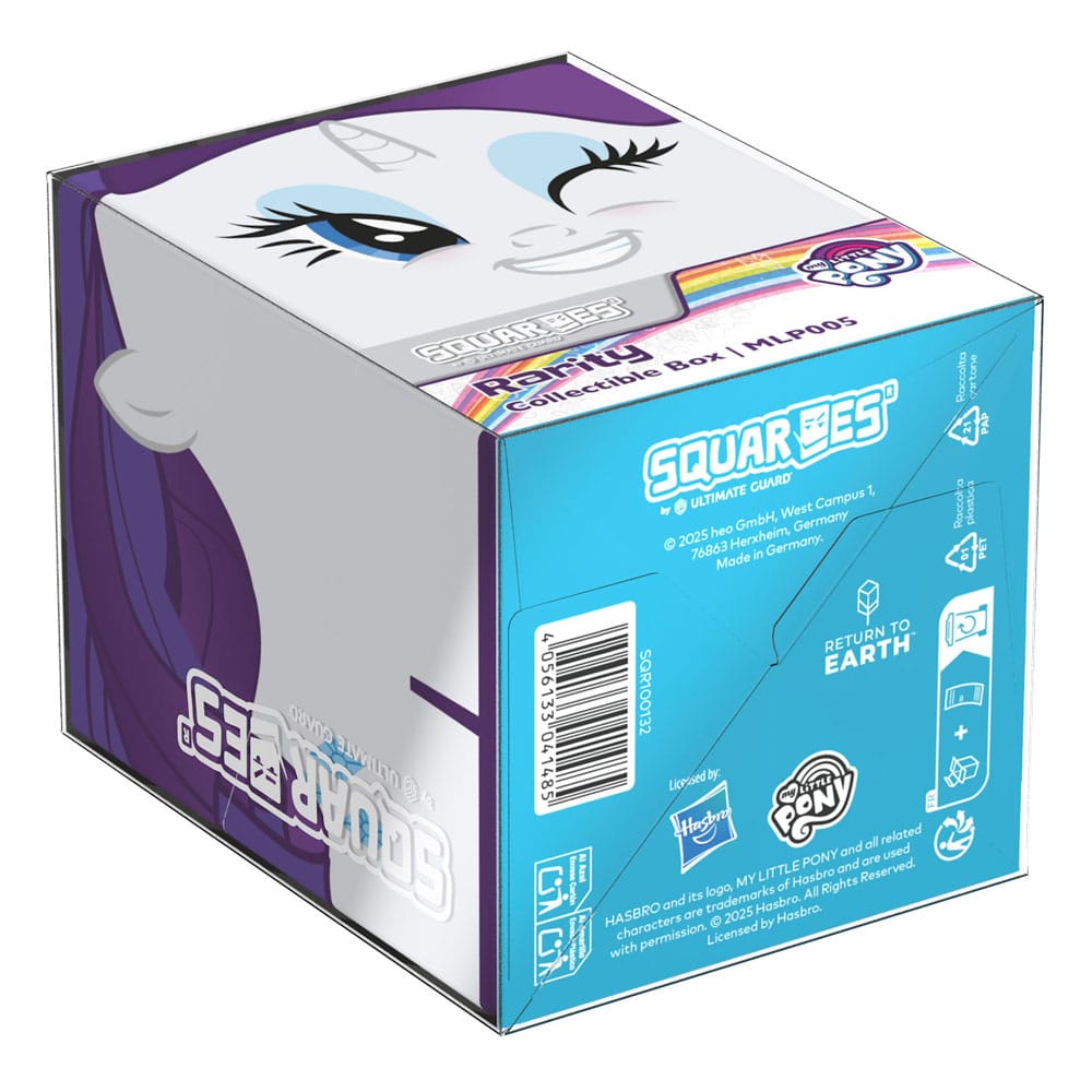 An Ultimate Guard Squaroes collectible box, white and purple, featuring a winking pony character with blue eyes and purple hair