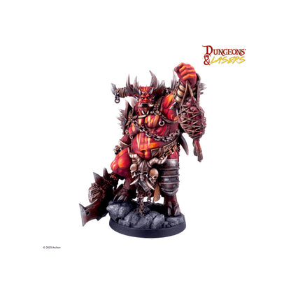 Red demonic tabletop miniature with horns, holding a spiked flail or weapon in one hand and a wrapped body part in the other