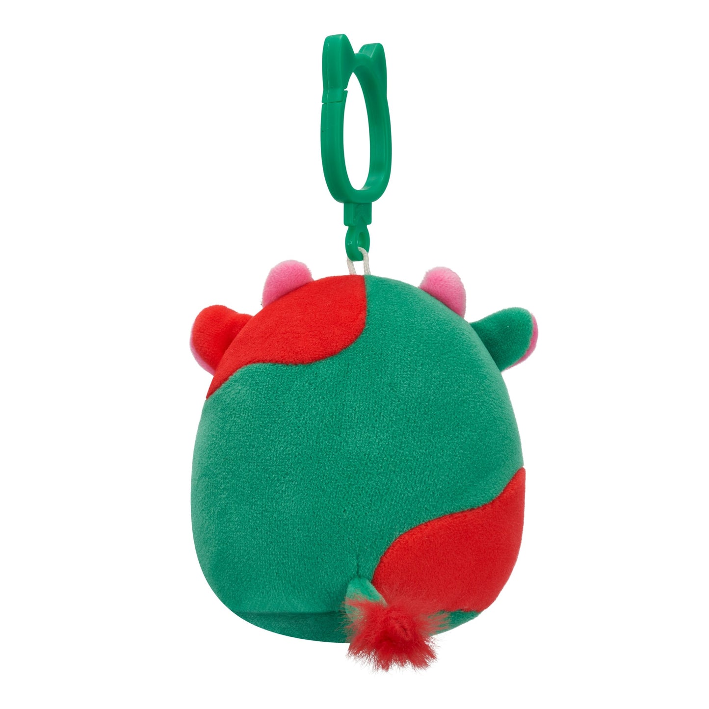 Green and red plush cow toy clip with pink ears, hanging from a green hook