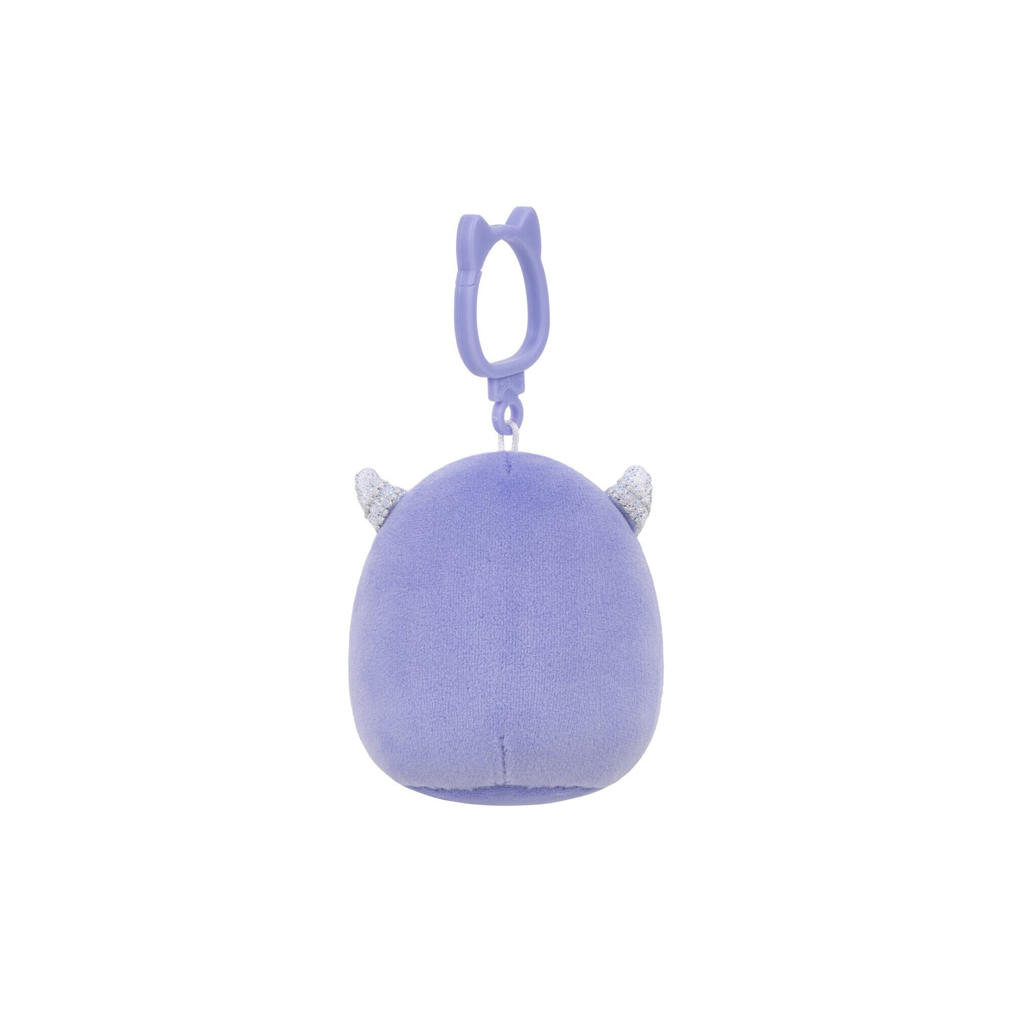 Purple plush keychain with small sparkly horns, attached to a plastic clip