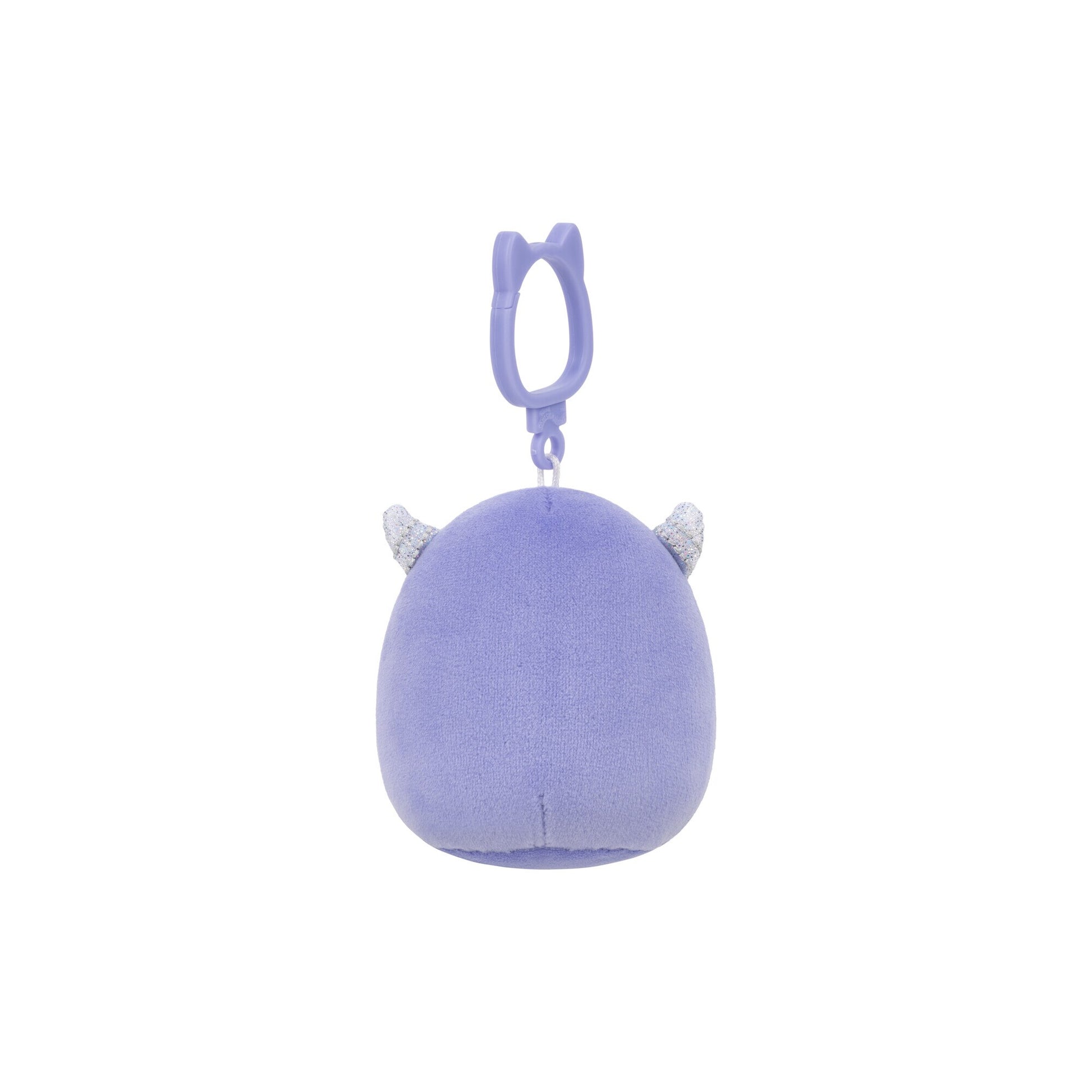 Purple plush keychain with small sparkly horns, attached to a plastic clip