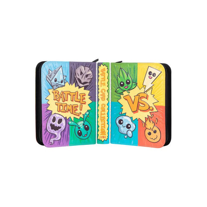 Colourful battle card collection binder featuring cartoon elemental monsters and "BATTLE TIME! VS"