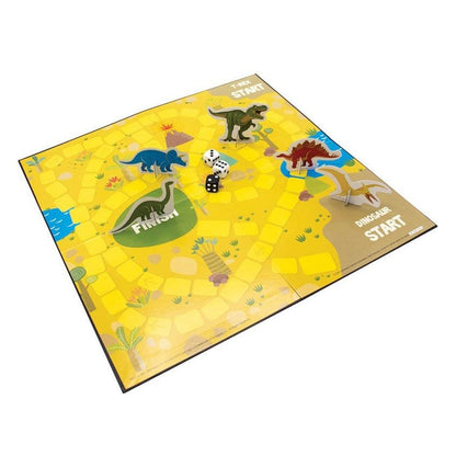 Yellow dinosaur board game with T-Rex, Stegosaurus, and Pterodactyl playing pieces, dice, and Finish line