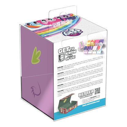 A white and purple Ultimate Guard Squaroes - My Little Pony collectible card deck box with characters on top and product details on the front