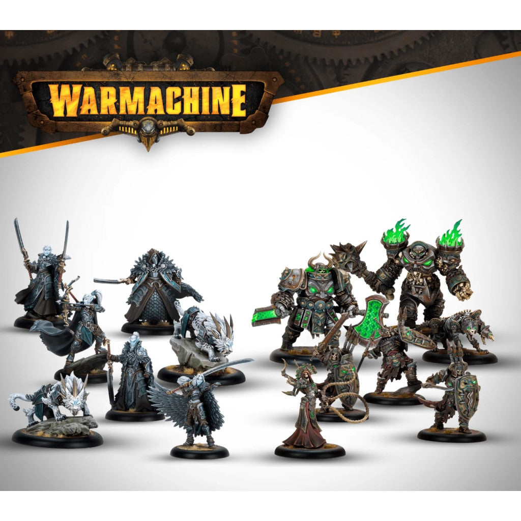 WARMACHINE tabletop miniatures display, detailed dark fantasy figures, mechanical warjacks with green energy, and white wolf units