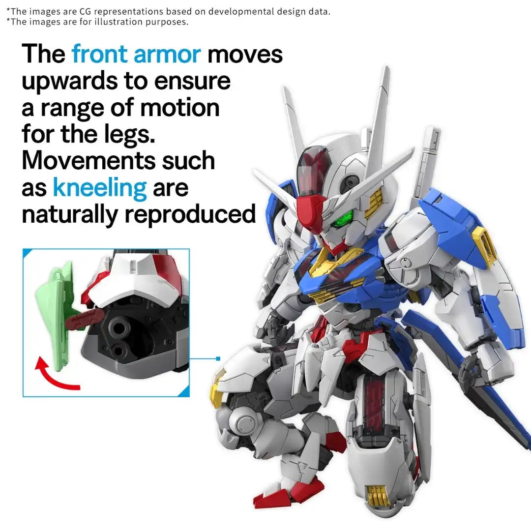 Chibi-style Gundam model kneeling, featuring movable front armor for improved articulation
