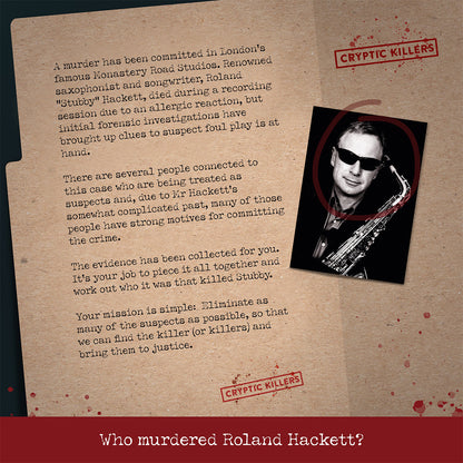 Man in sunglasses holding a saxophone on a blood-splattered document describing a murder investigation