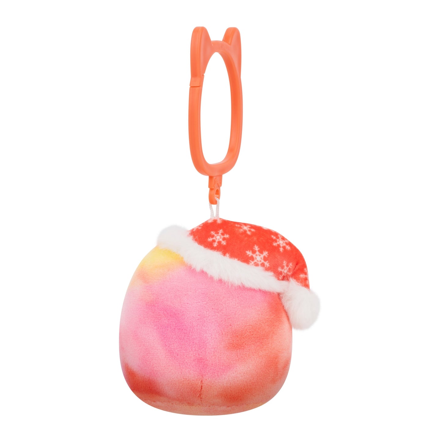 Pink tie-dye plush clip-on wearing a Santa hat with snowflakes, attached to an orange cat-ear clip