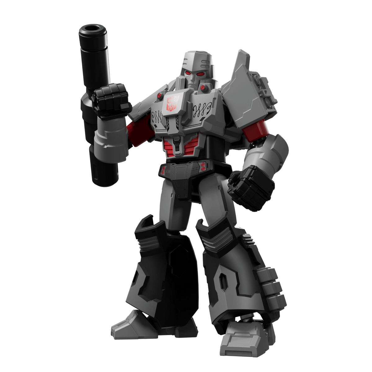 Gray and black transformer action figure with red accents holding a blaster rifle dynamic pose